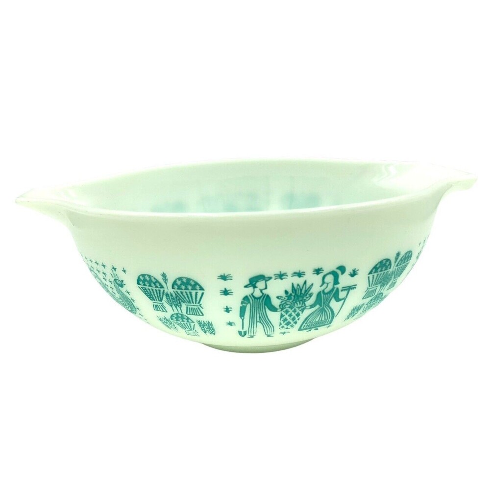 Pyrex 2.5QT Cinderella Mixing Bowl 443 Turquoise White REVERSE Amish Butterprint